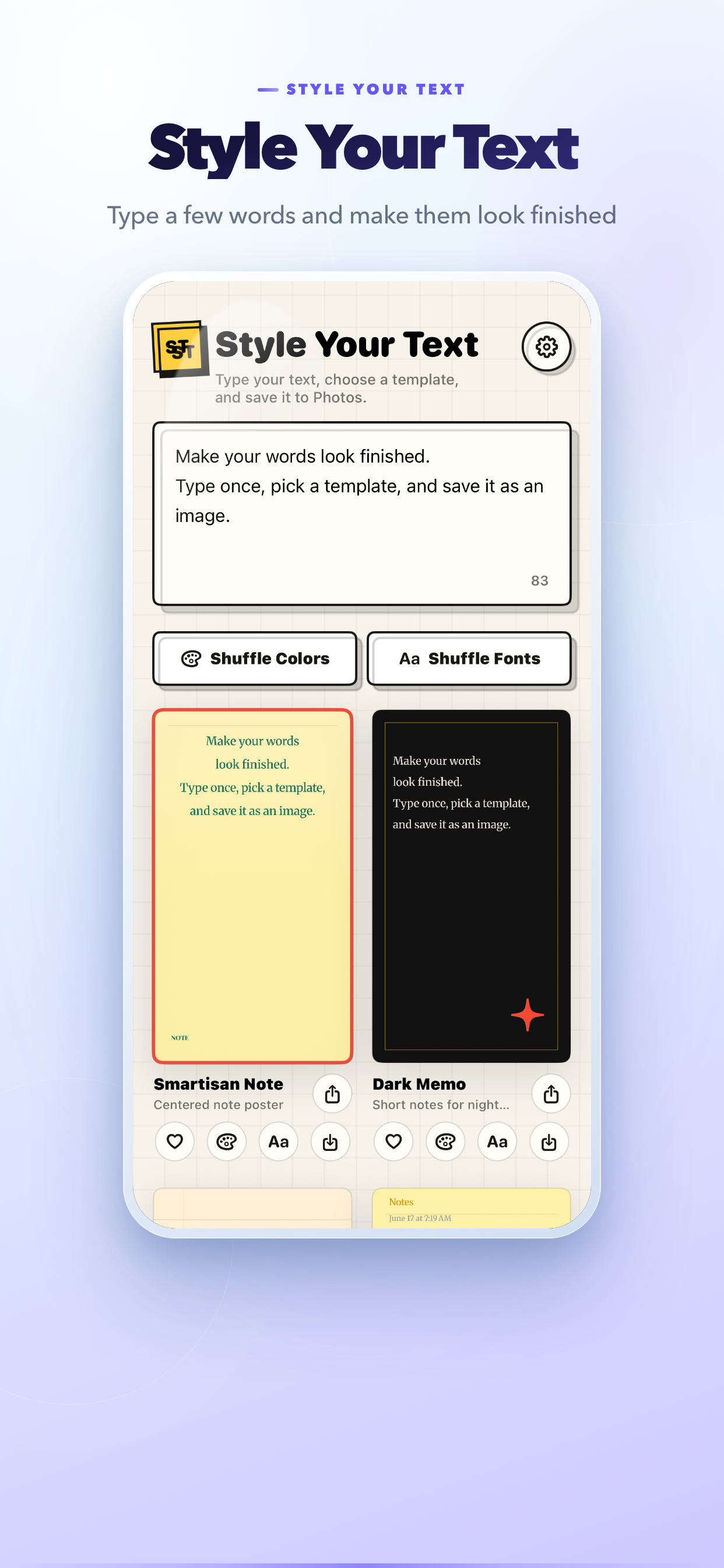 Style Your Text app showing a note being styled with templates